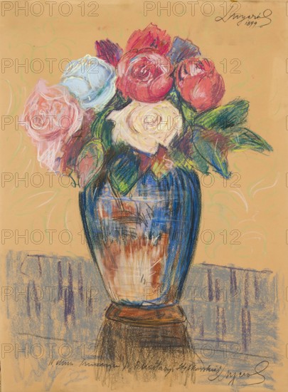 Roses in a Sapphire Vase, unknown author Leon Wyczólkowski forgery, flowers, dedications, dedication to Stepkowska, Anastazja fl. 1899, still lifes, forgeries, Poland culture, Polish pastels, before 1954, pastel, height 66.9 cm, width 49.4 cm, A pastel drawing of a bouquet of roses in a vase on a surface, with several roses in shades of pink, red, white, and blue surrounded by green leaves, arranged in a tall blue and brown vase that sits on a darker brown base, all set against a warm tan background with faint decorative swirls in green and white.