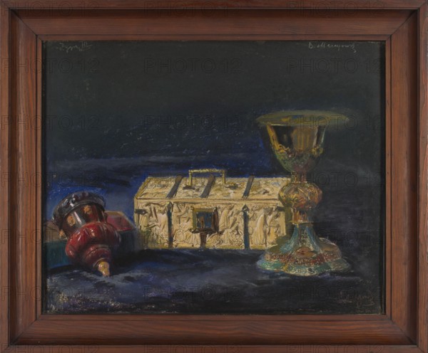 Bishop Maciejowski's chalice, the so-called Queen Jadwiga's box and the cup work of King Sigismund III, Wyczólkowski, Leon 1852-1936 painter/author, Maciejowski, Samuel 1499-1550, Renaissance style, goldsmithery, Polish pastels, Poland culture, The Wawel Treasury 1907, Polish painting, Young Poland style, Sigismund III Vasa King of Poland; 1566-1632, 1907, Kraków, pastel, height 51.5 cm, width 64.0 cm, A still life showing a group of objects on a dark surface against a deep, nearly black background with hints of blue. Visible are a metallic goblet with a wide rim and ornate stem rendered in gold and green tones, a rectangular box with a textured surface in golden and beige shades, and a rounded, turned object lying on its side in red and brown with some darker accents. The surface beneath the objects shows dark blue and black shading with lighter blue highlights, and the whole scene is enclosed by a wooden frame in warm brown tones.