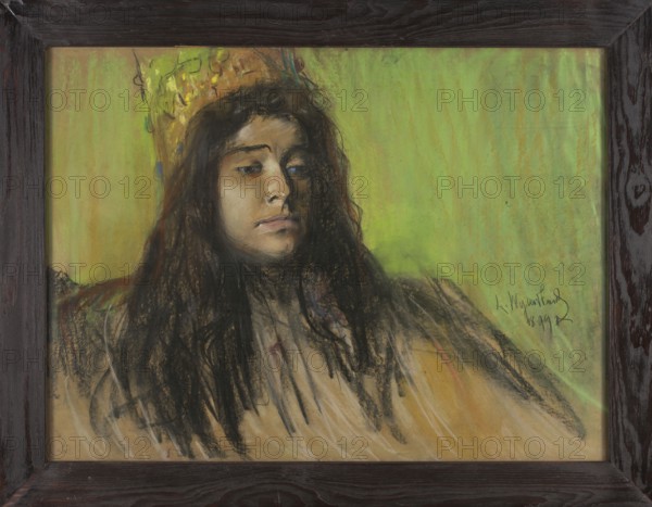 Fairy Tale, Leon Wyczólkowski 1852–1936 painter, women's portraits, rulers' crowns, legends, fairy tales, Young Poland style, Poland culture, Polish drawings, Giewont legend - iconography, Tatra Mountains, symbolism style, 1899, pastel, height 62.7 cm, width 84.5 cm, A framed artwork showing a portrait of a person with long dark hair and a neutral expression, wearing a crown-like headpiece; the background is a bright green with subtle variations, and the figure's skin tones are warm beige and brown with shadowing. The hair and some garment areas are rendered in deep black and dark brown strokes, and there are accents of muted yellow and ochre in the clothing and headpiece, with hints of blue and red in small areas. The frame is dark brown wood with visible grain.