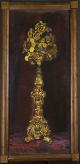 Golden Rose, Wyczólkowski, Leon 1852–1936 painter/author, baroque style, goldsmithery, Clement XII pope; 1652–1740, Maria Josepha Queen of Poland; 1699–1757, votive offerings, artistic crafts, Polish pastels, Poland culture, Young Poland style, 1907, Kraków, pastel, height 115 cm, width 50.5 cm, A tall framed painting shows an ornate golden candlestick or chalice-like object topped with a bouquet of golden roses against a dark, rich background; the flowers and metalwork are painted with bright yellow and gold highlights, with touches of darker browns and muted greens in the leaves and vase details, and a small area of blue near the top of the bouquet. The background is deep burgundy and dark purplish black with subtle strokes of blue, and the surface beneath the object has a textured fabric appearance in shades of red, purple, and blue. The painting is set within a wooden frame that is medium brown with visible wood grain and simple corner blocks.