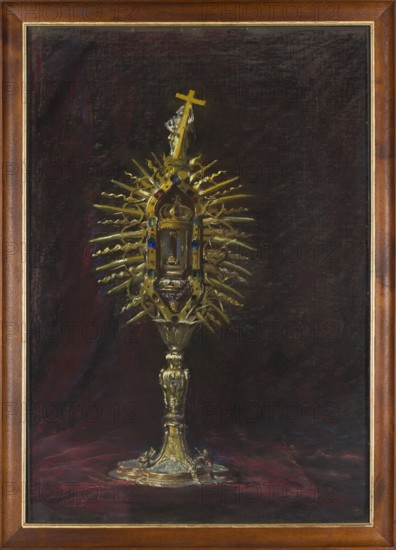 Reliquary with a Nail of the Holy Cross, Wyczólkowski, Leon 1852–1936 painter, reliquary, goldsmithery, Grochowski, Stanislaw 15..–1645, baroque crafts, Polish pastels, Poland culture, The Wawel Treasury 1907, Polish painting, message provenance, Young Poland style, 1907, Kraków, pastel, height 99 cm, width 70 cm, A framed painting shows an ornate metallic object standing on a draped surface against a dark background. The object has a tall, decorative stem and base in metallic gold tones with highlights of lighter gold and pale reflections, and a central ornamental section with radiating spiky elements also in gold. There are small accents of blue and green on the central decoration and hints of red and purple in the drapery and subtle reflections. The background is a deep, nearly black brown with faint areas of dark red and muted purple, and the frame is wood-toned brown with a thin inner gold trim.