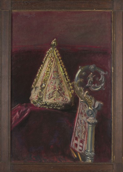Bishop Strzempinski’s mitre and bishop Gembicki’s crosier, Wyczólkowski, Leon 1852–1936 painter, goldsmithery, crosier, Strzepinski, Tomasz 1398–1460, Gembicki, Piotr bishop; 1585–1657, gothic crafts, baroque crafts, Polish pastels, Polish culture, The Wawel Treasury 1907, Polish painting, artistic craftsmanship, mitres, Young Poland style, Peter the Apostle St.; ?–ca. 64, 1907, Kraków, pastel, height 88 cm, width 60 cm, A framed painting showing a richly decorated triangular object with ornate gold and red detailing resting on a dark red surface, accompanied by an elaborately carved metallic or gilded curved handle or staff piece with scrolling motifs and decorative accents; the background and surrounding fabric are deep burgundy and dark maroon with hints of black, and the decorative elements show highlights of gold, pale yellow, muted green, and touches of blue and gray.
