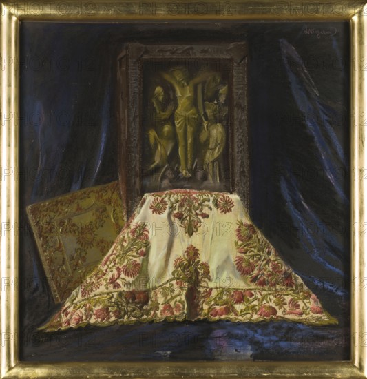 Queen Jadwiga's Velum, Wyczólkowski, Leon 1852–1936 painter, Jadwiga of Anjou queen of Poland; saint; 1373/1374–1399, Gothic sculpture, Gothic fabric, bas-reliefs, Crucifixion iconography, goldsmithery, Polish pastels, Polish culture, The Wawel Treasury 1907, Polish painting, Baroque craft, fabrics, embroidery, Young Poland style, 1907, Kraków, pastel, height 87 cm, width 85 cm, A framed artwork showing a dark background of deep blue and black drapery with a central carved relief in brown tones depicting figures in muted yellow and green, placed above a draped embroidered cloth. The cloth is cream with patterns of pinkish red and olive green floral embroidery and has folds and shadows in pale green and beige. To one side there is a decorative cushion or panel in moss green and gold with reddish floral motifs. The frame is metallic gold with worn areas.