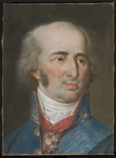 Portrait of Tadeusz Czacki, by Józef Pitschmann 1758–1834, drawing in pastel, 1806–1813. Depicts Tadeusz Czacki 1765–1813; iconography: male portrait. Height 42 cm, width 30.5 cm. Inscriptions/associations: Order of St. Stanislaus, Order of the White Eagle; related to historians, scientists, teachers, geologists, geographers, and educators; Kremenets Ukraine., A portrait of a middle-aged man shown from the shoulders up against a dark background, with a pale skin tone and thinning light grey hair swept back from a high forehead, faint sideburns, and a trimmed moustache-like shadow. His expression is neutral and his gaze is directed slightly to the side. He wears a high-collared uniform with a blue outer garment and a red inner collar, a white cravat at the neck, and a decorative star-shaped medal suspended on a ribbon at his chest. Visible colors include blue, red, white, pale flesh tones, grey, gold accents, and dark brown in the background.