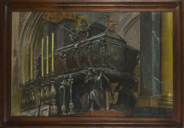 Coffin of St. Stanislaus, Wyczólkowski, Leon 1852-1936 painter; Stanislaw of Szczepanów Saint; ca. 1030–1079 — iconography, sarcophagi, church interiors; goldsmithery, baroque crafts; confessions; Wawel Cathedral Kraków; Poland culture; Young Poland style; Polish painting; candles lighting; reliquaries; Sarcophagus — 1669–1671, Gdansk, goldsmiths Peter von der Rennen, Peter Rohde II, Jakob Jager I or II; 1907, Kraków; pastel; height 101 cm, width 150 cm, A framed painting of an ornate interior scene showing a large sculpted sarcophagus or tomb elevated on a platform with sculpted figures and drapery in dark greens, deep blues, browns, and blackish tones; a group of tall vertical candles or candle-like objects in bright yellow stand to the left, set among metallic-looking candle holders in muted gold and bronze. In front of the tomb, a figure kneeling or supporting the structure is rendered in bluish-gray and dark brown with highlights, and nearby are decorative vases or urns in dull go...