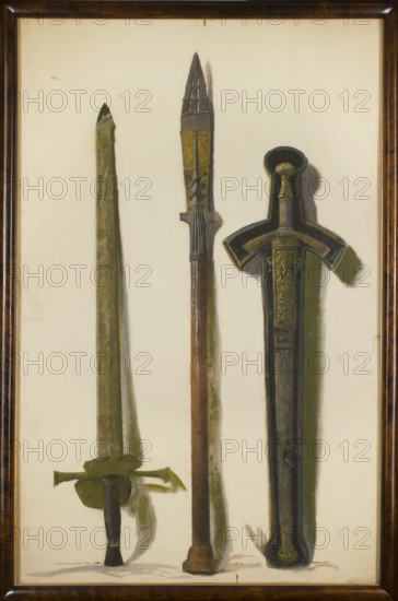 Coronation sword of Augustus III, spear of St. Maurice and sword of Sigismund Augustus, Leon Wyczólkowski 1852–1936 painter, pastel on paper, 1907, height 149 cm, width 96.5 cm. Depicts weaponry/regalia: coronation sword of Augustus III 1696–1763, spear of St. Maurice Saint; ?–ca. 290, and sword of Sigismund II Augustus 1520–1572. Styles referenced: Baroque, Renaissance, Young Poland. Polish pastels; Kraków., A framed artwork showing a pale cream background with a group of three vertical objects resembling swords or blades; the left object is a long narrow blade with a muted green tone and a darker green hilt with a short black handle, the middle object is a tall spear-like piece with a brown shaft and a pointed metallic tip in greenish and golden hues, and the right object is a broader dark sword with a black and deep green blade and a decorative guard and pommel featuring gold and olive accents; the frame around the image is a glossy dark brown wood.