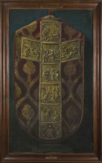 Chasuble of the Piotr Kmita Foundation; painter Leon Wyczólkowski 1852–1936. Subject: Stanislaw of Szczepanów saint; ca. 1030–1079 — iconography includes Piotrowin legend and coats of arms Szreniawa. Materials/technique: goldsmithery, textiles, embroidery; pastel. Style: Young Poland; Polish painting; artistic craftsmanship. Date/place: 1907, Kraków. Dimensions: height 168 cm, width 98 cm., A framed rectangular painting shows a large ornamental garment with a central vertical band and a horizontal band forming a cross, each band containing a series of carved relief scenes. The garment's main fabric is deep red with patterned decorative motifs in gold and dark tones, and the relief panels are rendered in a metallic gold color with darker shading to show figures and depth. Surrounding the garment is a dark teal or deep green background. The frame is wooden with brown tones and visible grain. Overall visible colors include deep red, gold, dark teal/green, dark brown, and darker shaded acc...