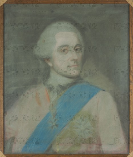Portrait of Stanislaw Antoni Poniatowski; Christoph Joseph Werner 1718–1778 painter, and Louis François Marteau ca.1715–1804 co-author head after. Male portrait of Stanislaw August Poniatowski King of Poland; 1732–1798 — iconography includes rulers’ portraits and orders: Order of the White Eagle, Order of the Black Eagle. Polish and German cultural context. Date: 1764. Medium: pastel. Dimensions: height 66 cm, width 56.5 cm., A painted portrait of a man shown from the chest up, wearing a pale wig and a garment with a bright blue sash across his chest; his face is turned slightly to one side with a neutral expression and pale skin tones, and he has subtle reddish lips and light-colored eyes. The background is a muted, dark gray-green with soft shading. The figure's clothing includes pale cream and pinkish tones and a fuzzy fur collar in light beige, with decorative star-shaped medals rendered in pale gold and white near the sash. The painting is set within a simple brown wooden frame wi...