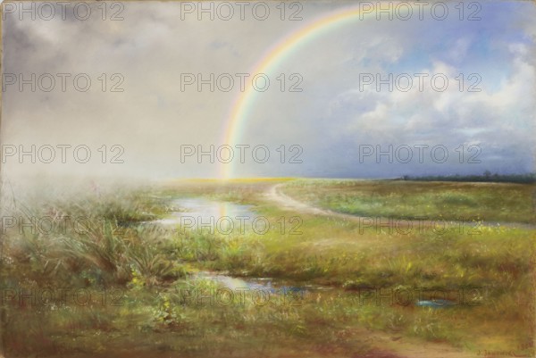 Landscape with a Rainbow, Józef Janowski ca.1859–ca.1938, painter. Pastel on paper, 1901. Subject: landscape with a rainbow. Dimensions: height 43.0 cm, width 62.5 cm. Materials/technique: pastel., A wide open marshy landscape under a vast cloudy sky with a bright rainbow arcing from the horizon and reflecting in a pool of water; the foreground shows wet grassy terrain with a few puddles and clumps of green and brown vegetation, a winding dirt path leads into the distance across a stretch of green and yellow-tinted grasses, the sky ranges from pale gray and cream on one side to blue and soft white clouds on the other, and the rainbow displays bands of soft colors against the sky.