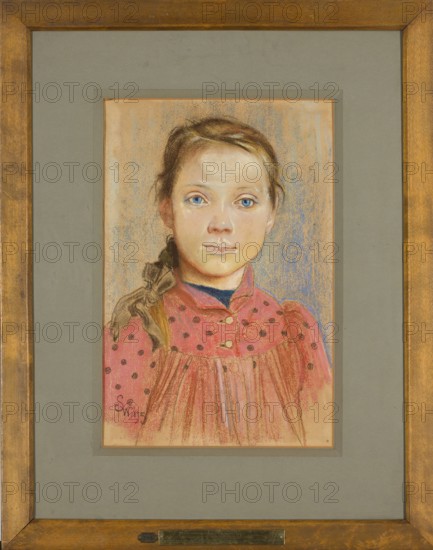 Girl in a red polka-dot dress, Wyspianski, Stanislaw 1869–1907 painter, portraits of children, restitution provenance, 1895, pastel, height 44 cm, width 29 cm, A framed portrait of a young girl rendered in pastel tones, showing her from the chest up against a softly textured background; she has light brown hair pulled into a loose braid over one shoulder with a few wispy strands framing her face, pale skin, and striking blue eyes, and she wears a high-collared garment in shades of pink and red with darker circular dots and rounded buttons, with a darker garment visible at the neckline; the portrait is mounted on a muted gray mat and enclosed in a warm brown wooden frame with a narrow inner trim.