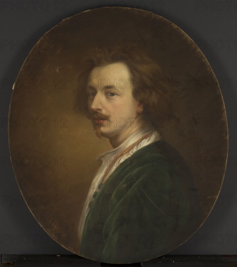 Self-portrait of Anton van Dyck, copy by Jadwiga Czeczel-Biechonska ante 1863–post 1903 after Anthony van Dyck 1599–1641. Pastel, 67 × 60 cm. The work is a copy of van Dyck’s circa 1630 oil self-portrait oil on canvas, 68 × 58 cm originally created around 1630. Anton van Dyck, Flemish painter, draughtsman and engraver, student of Rubens, was an excellent portrait painter and produced likenesses of many contemporary figures as well as numerous self-portraits. The oil self-portrait adorned royal apartments in the 17th century and was temporarily exhibited at the Louvre in the late 19th century, where artists often copied works on display; Jadwiga Czeczel-Biechonska made this pastel copy in Paris, 1876., An oval portrait of a person shown from the shoulders up, turned slightly to the viewer's left, with light skin and brown wavy hair and facial hair including a mustache and small beard. The figure wears a white shirt with visible collar and a dark green outer garment. The background is a ...