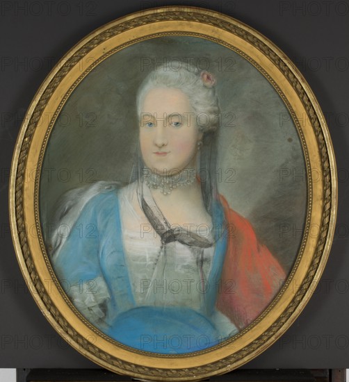 Portrait of Zofia Tarlowa, née Krasinska 2nd voto Lubomirska, unknown painter; Zofia Lubomirska 1718–1790; 1st v. Tarlowa — iconography; women's portrait in 18th-century costume and fashion with jewelry; aristocratic portrait in rococo style; ca. 1750; pastel., An oval framed portrait of a person shown from the chest up, wearing a blue garment and a white bodice with a sheer black ribbon at the neckline and a necklace made of pale beads; a red drape is visible over one shoulder and a pale fur or feathered wrap rests on the other. The sitter has pale skin, light hair styled up with a small pink accent, and a neutral facial expression with light-colored eyes and subtle pink cheeks. The background is a muted gray-green, and the ornate oval frame is a gold color with patterned detailing. The image shows colors including blue, white, black, red, pink, gray-green, pale skin tones, and gold.