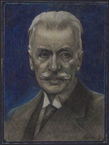 Portrait of President Ignacy Moscicki; artist: Ignacy Lopienski 1865–1941; subject: Ignacy Moscicki 1867–1946; male portrait, study for graphics; iconography includes portraits and busts; Polish drawing; date: 1929; place: Warsaw; medium: drawing; dimensions: 39 cm x 29 cm., A charcoal and colored-pencil portrait of an older man shown from the chest up against a deep blue background, with pale gray hair swept back and a neatly groomed white mustache; his facial features are rendered in grayscale with visible shading and texture, showing pronounced cheekbones, a furrowed brow, and dark eyes. He wears a dark suit jacket over a vest and a white shirt with a tie, all depicted with rich dark gray and black tones. The background is a textured deep blue with lighter blue variations near the shoulders, and the image is framed by a thin darker border. The overall palette includes shades of gray, black, white, and various blues.