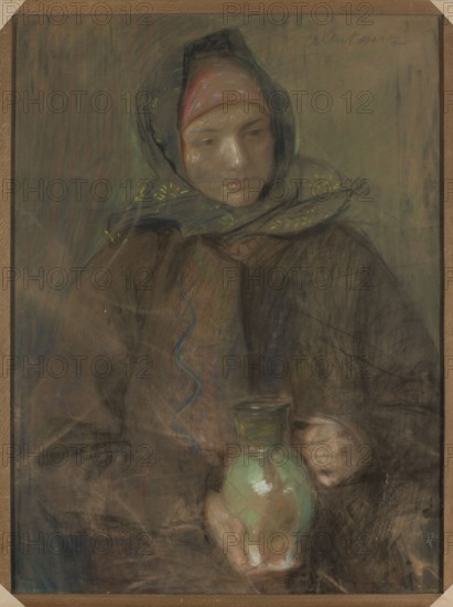 Hutsul woman with a jug, Teodor Axentowicz 1859–1938, painter; Young Poland; Polish; Hutsul; pastel drawing, before 1907; height 81 cm, width 60.5 cm; jugs; ethnography; inscription/labels and provenance noted; Leon Ildefons Papieski 1859–1917 mentioned., A seated figure wearing a dark hooded headscarf layered over a reddish head covering is shown holding a rounded ceramic jug; the face is pale with subtle shadows and a neutral expression, and the hands are visible around the jug. The clothing is in muted browns and dark tones with hints of blue and green accents, and there are small bright yellow decorative marks on the headscarf. The jug displays soft green and light beige areas with reflective highlights. The background is a blend of earthy greens, browns, and grayish tones, and the image is framed by a light brown wooden border.