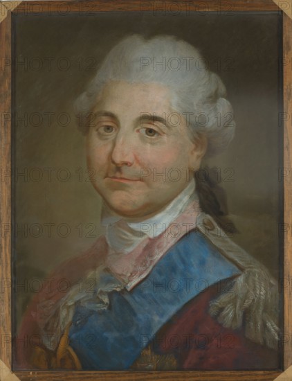 Portrait of King Stanislaw August in the uniform of a general of the Crown Army, pastel, 1770–1800, height 50 cm, width 38 cm; portrait of Stanislaw August Poniatowski King of Poland, 1732–1798 — iconography; copies imitations; Order of the White Eagle; maker: Marcello Bacciarelli 1731–1818 after, painter; unknown pastelist author; male portrait; rulers; orders; portraits; uniforms., A painted portrait of a middle-aged person shown from the chest up, with pale grayish-white powdered hair styled back and a neutral facial expression, light skin tones with subtle pinkish highlights on the cheeks, and light-colored eyes. They wear a high white collar and a pale pink decorative scarf around the neck, a blue sash across the chest, a deep red garment beneath, and a shoulder decoration with silvery-gray fringes. The background is a muted dark olive-brown, and the painting is set within a simple wooden frame showing warm brown and tan tones.