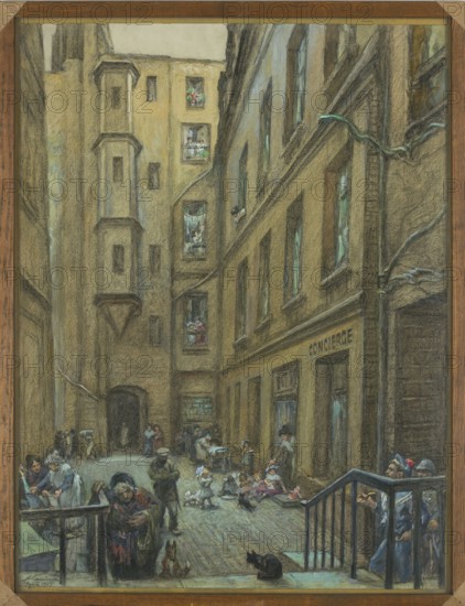 Courtyard of an old tenement house in Paris, Antoni Kamienski 1860–1933, painter, 1925, gouache and drawing, 66 × 50.5 cm, A narrow urban courtyard scene dominated by tall, textured buildings in shades of brown, ochre, beige, gray, and muted blue, with several windows and a few recessed balconies showing small groups of people; the ground is a cobbled or paved surface in gray and muted blue tones. In the foreground, a group of people and children in muted clothing gather and sit near steps and railings in brown and dark blue, with a black cat on the ground and a small brown dog nearby. Several figures stand or walk through the courtyard, some clustered near a dark archway at the rear and others near a doorway on the right; a few people lean from windows or balconies above. There are scattered small objects on the ground and a few dark and greenish pipes or cables running along the building façades, while the overall palette includes browns, tans, grays, muted blues, greens, and touches...