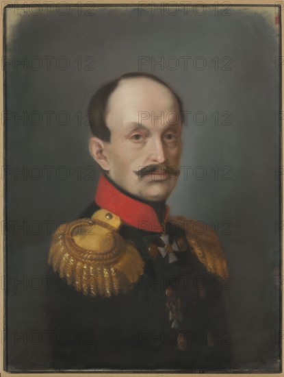 Portrait of General Eduard Andreevich Ramsay, by Hipolit Pinko 1836–1901, pastel on paper, 1862. Depicts General Eduard Andreevich Ramsay 1799–1877 in uniform with Order of St. George St. George's Cross; bust portrait, male military subject. Dimensions: 70 cm × 55.5 cm. Polish pastel; Warsaw., A painted portrait of a man shown from the chest up wearing a dark uniform with prominent gold epaulettes and a red collar; he has pale skin, a high forehead with dark hair at the sides, a handlebar mustache, and a calm facial expression; the background is a muted gray with darker edges, and the overall palette includes shades of gray, black, red, gold, brown, flesh tones, and a hint of beige around the framed edges.