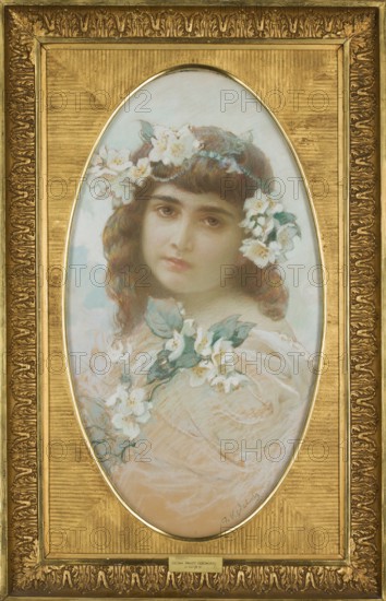 Portrait of Wanda Debowska in a jasmine wreath, Kedzierski, Apoloniusz 1861-1939 painter, Debowska, Wanda - iconography, portraits of children, deposit provenance, ca. 1912, pastel, A framed oval portrait of a young woman with brown hair wearing a crown and garland of white flowers, her face shown from the shoulders up with a neutral expression; the painting includes soft pastel colors with visible pale blues, muted greens, warm skin tones, soft pinks, and white highlights, set against a light background and surrounded by an ornate golden frame with textured and carved detailing.