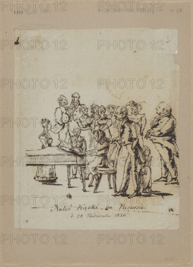 Antos Kacki Katski at the Resursa; unknown creator illustrator; subject: music—Antoni Katski 1817–1899 iconography; pianos musical instruments; Léopold Méyet 1850–1912;, musical instruments; games genre scenes; filigrees; concerts; Resursa Kupiecka Warsaw; child prodigies; pianists; title: Piano Concerto by Antoni Katski the day after his 9th birthday, 1826, Warsaw; drawing; height 26.6 cm, width 42.2 cm., A sepia-toned drawing shows a group of people gathered around a table and a seated figure at the table. The scene is rendered in dark ink lines on aged, off-white paper with visible foxing and a slightly darker border around the sheet. Several standing figures form a loose semicircle, including men in long coats and women in dresses and bonnets, with one larger, heavier-set man standing apart on the right. A seated person at the table appears to be reading or writing, while another seated figure faces them at the far left. Chairs with curved backs and a rectangular table with slender...