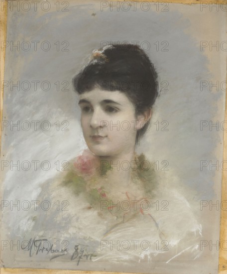 Portrait of a Young Woman Female Bust, Trumpeter, Maurycy 1861–1941 painter, 1887, pastel, 56.6 × 46.3 cm; female portrait, bust; Judaica, Poland culture., A portrait of a young woman shown from the shoulders up against a soft gray background, with dark brown hair styled up and a small floral ornament in the hair, a pale complexion, dark eyebrows and eyes, and a calm neutral expression; she wears a light, fluffy white garment or wrap with a garland of pink roses and green leaves at the neckline and a faint suggestion of a colored ribbon, with overall colors including gray, white, pale skin tones, dark brown, pink, green, and subtle touches of warm beige around the edges.