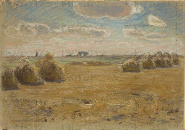 Summer Landscape Field with Sheaves of Grain, Jan Stanislawski 1860–1907. Pastel on grey paper glued to cardboard, 24.6 x 35.1 cm. Signed lower left in pencil: JAN STANISLAWSKI. Probably painted during one of the artist's trips to Ukraine, ca. 1903–1905. The composition shows an expansive view with haystacks in the middle ground, opening onto a distant horizon with the silhouette of trees and a windmill. Billowy clouds float in the sky, illuminated from above and dark from below. The artist drew the pastel pencil with a sharp tip, applied strokes sideways, and rubbed areas with his hand or a broomstick; the direction of the drawing lines establishes perspective. The stubble and distant fields are defined by parallel horizontal pastel lines that, together with color, build depth. Colorful layers of pastel have been partially rubbed out clouds, haystacks, parts of the foreground and horizon. Final retouching consists of sharp, quick strokes of orange, ochre, and white especially in the f...