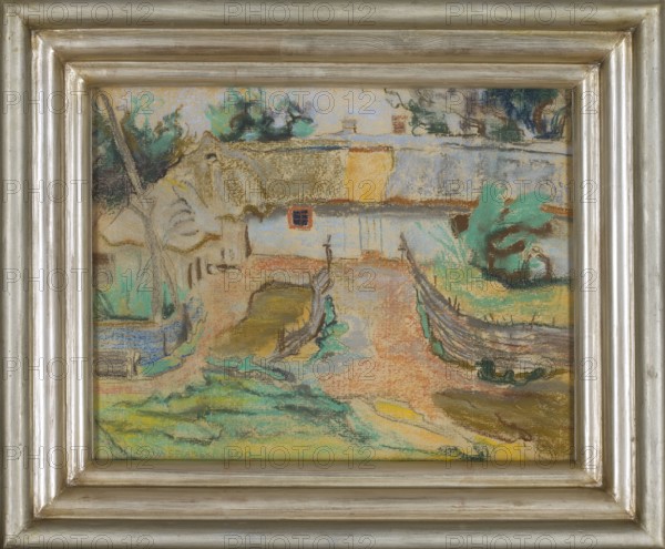 Homestead in Konary, Wyspianski, Stanislaw 1869–1907 painter, wooden architecture, Konary Zabno; estate, Hackbeil, Bronislaw 1878–post 1932, Zabno Lesser Poland Voivodeship, landscapes, houses architect, rural landscapes, village, wells, well cranes, Polish pastels, Poland culture, rural homesteads, 1900, pastel, height 25.5 cm, width 33 cm, A framed pastel landscape showing a rustic scene with a thatched cottage and surrounding yards, rendered in muted tones of beige, tan, and ochre, with areas of pale blue and light gray on the building and roof. The foreground contains a pathway and patches of ground in warm salmon and terracotta shades, bordered by grassy areas in green and olive, and touches of turquoise and teal. There are several trees and bushes in darker greens and deep teal, and accents of brown and sienna in fences and soil. The frame around the image is metallic silver with a slightly aged patina.