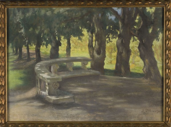 Oak alley in the park at Villa Borghese in Rome, Kazimierz Stabrowski 1869–1929, pastel, 1924; oaks, gardens and park landscape in Rome; height 50.0 cm, width 67.5 cm., A framed painting of a shaded outdoor scene showing a curved stone bench in the foreground beneath a row of large tree trunks and a leafy canopy, with dappled sunlight creating patches of light and shadow on the ground and on the bench; visible colors include greens, yellows, browns, grays, and muted blues.