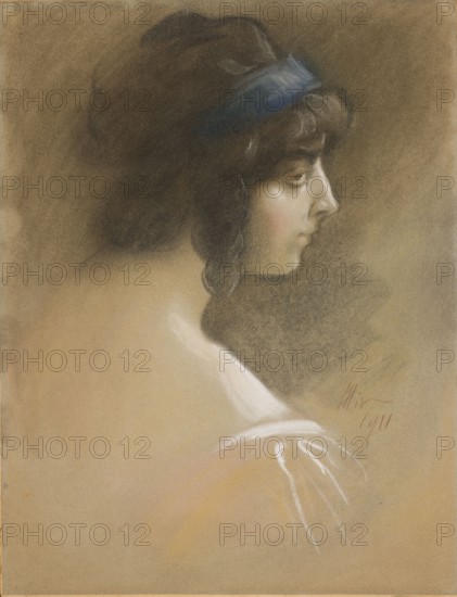 Portrait of a Woman — Portrait of Maria Mrozinska, actress, 1911; Miroslaw Gajewski-Ostoja 1867–1931, painter; pastel; female portrait; 1911; provenance unknown., A side view portrait of a young person with dark brown to black hair wearing a blue headband, pale skin with subtle pink on the cheek, and a neutral expression; the figure faces right and shows a bare shoulder and upper back with soft white highlights, set against a warm brown and tan background with areas of darker brown shading and faint white and ochre strokes suggesting clothing or drapery.