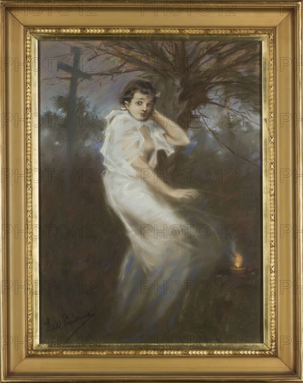 All Souls' Day. Ghost Hour, Witold Pruszkowski 1846–1896, painter. From the Other World. For the Prószkowski triptych: At the cemetery; In the cottage; Back. Pastel drawing, 1888–1889. Subject: ghosts, apparition iconography, candles, autumn, cemeteries. Style: symbolism. Inscribed/related figures: Konopnicka, Maria 1842–1910. Mników. Height 65 cm, width 48 cm., A framed painting shows a young woman in a flowing white dress standing outdoors near a tree, her dark hair short and adorned with a small wreath, one hand raised to her head and the other extended slightly forward; the background is dark with muted greens, browns, and grays, and there is a faint warm glow near the ground producing small orange and yellow highlights, while soft blue and purple tones accent parts of the dress and surrounding shadows, all enclosed within a wide ornate gold frame.