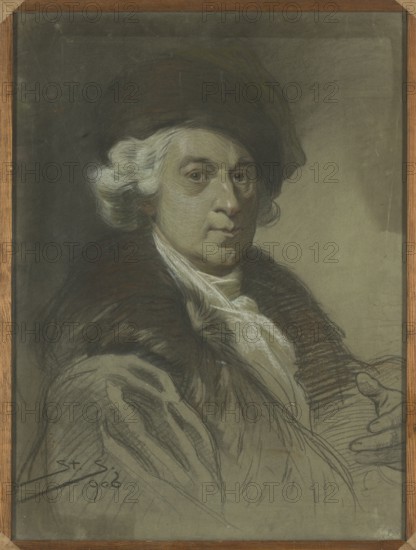Self-portrait in a red confederation cap by Marcello Bacciarelli; painter Marcello Bacciarelli 1731–1818; copy/attribution involving Stanislaw Sawiczewski 1866–1943. Iconography: male portrait, painter's self-portrait, confederation cap, 18th-century costume. Medium: pastel. Date: 18th century 1906 noted. Dimensions: height 65 cm, width 48 cm., painters, portraits, portrait tracings, copies/imitations, Polish art, School of Fine Arts Warsaw; 1844–1864., A framed portrait of an older person wearing a large dark hat and a dark coat with a fur collar, shown from the chest up and turned slightly to one side, with light-colored hair and a pale face rendered with soft shading, a light scarf or cravat at the neck, and hands partially visible near the lower edge; background is muted with gray and tan tones, and the frame is wood-colored.