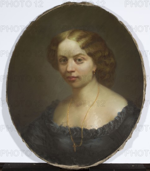 Portrait of Stefania Ronikierowa; artist: Tytus Maleszewski 1827–1898, painter; subject: Stefania Ronikierowa née Skarbek-Kruszewska ca. 1840?–1921; medium: pastel; date: 1861–1866; dimensions: height 67 cm, width 54.5 cm; genre: women's portrait, bust; iconography includes jewelry; style: Polish pastels; cultural context: Poland; inscription/provenance note: gift., An oval oil painting of a woman shown from the chest up against a dark olive-green background, with light skin and brown wavy hair parted at the center; she wears a dark bluish-gray off-the-shoulder dress with ruffled trim, a long gold-colored necklace with a pendant and a small gold-colored earring, and her expression is neutral with relaxed lips and calm eyes.