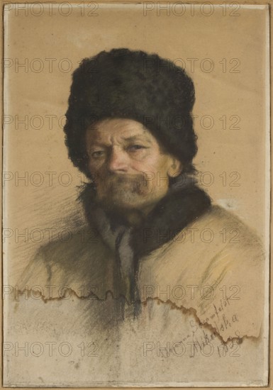Portrait of a Peasant in a Fur Hat, Stromfeld-Mikulska, Adrianna 1868?–1920, painter; male portrait of a peasant; 1898; pastel; 58.5 × 40.5 cm; Polish., A portrait of an older man wearing a large dark fur hat and a dark fur collar over a light-colored coat, shown from the chest up against a plain beige background; the man's face has a weathered complexion with visible facial hair and a mustache, and his expression appears neutral; the image contains tones of beige, tan, brown, black, and muted gray, with some darker shading around the hat and collar and lighter beige areas on the clothing and background.