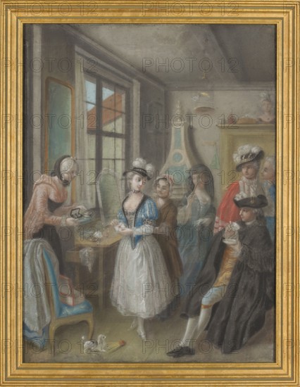 Interior scene, unknown pastelist, genre scene of group with courtship, servants, dogs and birds; 18th-century costumes; jewelry; pastel, ca. 1770; height 59 cm, width 45.5 cm., A domestic interior scene with a group of people gathered near a large window; the room shows shades of gray, beige, and muted blue with touches of white and pale green. A woman in a white apron and blue bodice stands near center wearing a black headpiece and white gloves, flanked by a few women in brown, blue, and pale clothing; one woman near the left wears a pinkish garment and leans toward a small table holding a few objects. A seated figure on the right wears a dark cloak and a black hat, holding a small cup, next to a person in a red cloak and a feathered hat. A wooden chair with blue upholstery and a small box rests near the left foreground, and a small white dog lies on the floor beside a yellow toy. The back of the room includes a tall pale green stove or ornamental structure, a mirror near the window,...