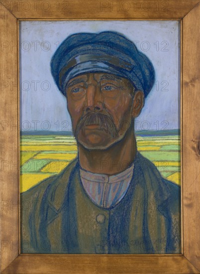Portrait of a Peasant, Jan Rembowski 1879–1923. 1922. Pastel on brown-gray cardboard, 50 x 34 cm. Signed lower right in ultramarine pastel crayon: Jan Rembowski | 1922. Pastel drawing depicting a monumental bust of a farmer/peasant rendered with strong, sculptural modeling and wide colorful surfaces; figure drawn with a strong line and outlines achieved with crayons black and ultramarine using the sharp end of the stick. Fields filled with pastels applied along the side of the sticks, sliding across the cardboard’s texture. Background shows a checkerboard pattern rendered with lines and undefined background between rectangles. The dark beige cardboard ground is integral to the color composition, with visible ground unifying the palette and serving as a tool for building planes., A framed portrait of an older man shown from the chest up wearing a cap and coat, rendered in pastel-like strokes. The man has a serious facial expression with a mustache and visible facial lines; his skin show...