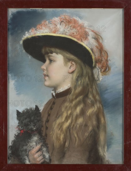 Portrait of Helena's daughter with a dog, by Alfred Izydor Römer 1832–1897. Pastel on paper, ca. 1890; 64.4 × 48.5 cm. The portrait shows the artist's teenage daughter, Helena 1875–1947. She has long fair hair, wears a brown dress trimmed with white lace and a black hat adorned with a cluster of pink and white ostrich feathers, and holds a small shaggy black dog with a red ribbon around its neck. The subject's face is meticulously rendered with delicate, smooth pastel strokes; the hair, dress, hat, and dog are depicted with broader strokes and the feathers, hair, and fur with the pastel’s sharp tip along the form. Executed in Kraków while the family resided there so their daughter could attend a Polish school, the work is in a very traditional style with clear references to eighteenth-century portraiture a slightly stylized costume, richly feathered hat, and the mood of the depiction. The composition and motif show inspiration from Jean-Baptiste Greuze’s portraits of children with bird...
