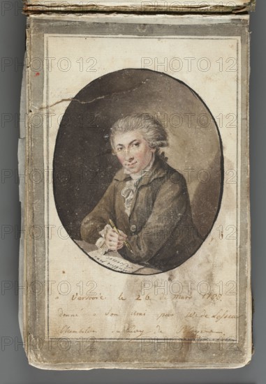 Self-portrait with dedication, Lesseur, Wincenty de 1745–1813 role: draughtsman / personal entries, Dunin-Markiewicz, Elzbieta, Vogel, Zygmunt 1764–1826, 1788, Warsaw; watercolor drawing in an album, pen; subjects: self-portrait, portrait of an artist at work, male portrait, engraver; dimensions: 18.7 × 11.7 cm, A worn portrait painted on a faded page shows a light-skinned person with powdered gray hair, wearing a brown coat and a white ruffled shirt, seated inside a dark oval frame against a brownish-gray background, holding a pen over a sheet on a table; the surrounding page and borders are beige and gray with stains, creases, and some brown discoloration, and the image edges show aged, frayed paper in muted tones.