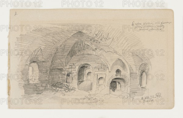 Interior of the Great Hall in Pskov Castle, by Anna Bilinska-Bohdanowiczowa 1854–1893, draughtsman; subject: castles, interiors; place: Pskov Russia; date: 1878; medium: drawing; dimensions: height 11.3 cm, width 18.8 cm; style/notes: ruins, Polish drawings., A pencil sketch on beige paper showing an interior with vaulted arches and several arched openings, including recessed niches and an arched doorway; the drawing features rough shading and crosshatching to define curved ceilings, brick or stone textures, and shadowed recesses, with a loosely sketched pile of irregular objects on the floor. The visible colors are beige of the paper and gray of the pencil marks.