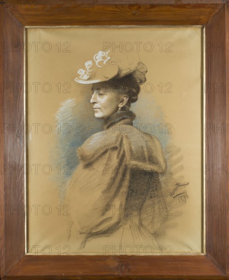 Portrait of Maria née Londone Landau. The portrait depicts the artist's sister-in-law, Maria née Londone Landau. Maria's sister, Róza London, was the wife of Leopold Horowitz. The sisters were daughters of Szymon Londnon and Zofia née Lesser, sister of the painter, critic, and collector Aleksander Lesser. Maria married the Warsaw notary Szymon Landau office active 1880–1933; he authored an early draft of the Notarial Act 1917 and helped found the Peer Delegation that became the nucleus of notarial self-government in reborn Poland. Maria and Szymon had six children; their daughter Jadwiga 1852–1936 married industrialist and collector Leopold Wellisz. The pendant to this portrait is an image of Szymon Landau, created by Horowitz on cardboard in crayon, charcoal, and pastel in 1905. Leopold Horowitz 1838–1917 was primarily a portrait painter who usually worked in oil; here he used pastel, perhaps to create an intimate yet elegant family portrait. 1896; pastel; height 94 cm, width 73.5 cm ...