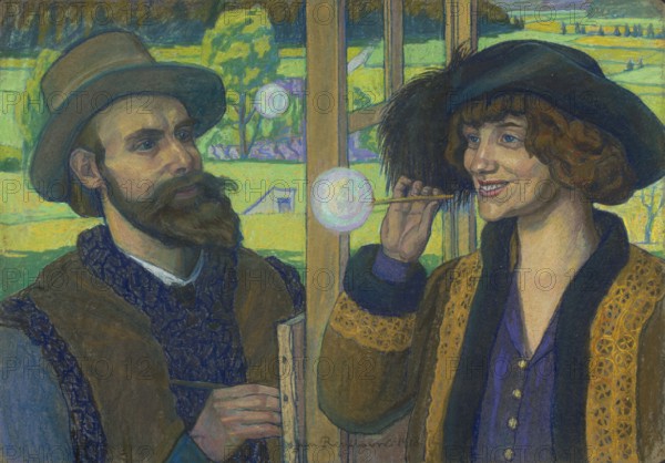 Soap Bubbles, Jan Rembowski 1879–1923. Pastel, 1918. Double portrait / genre scene depicting a couple and soap bubbles; pastel on support. Height 68.8 cm, width 99.7 cm. Subject includes self-portraits/portraits of artists, female and male portraits; Polish, Zakopane., A man and a woman stand close together in front of a window with a landscape beyond; the man on the left wears a brown hat and has a dark beard and mustache, a brown coat with deep blue textured trim, and a blue shirt visible at the collar, while the woman on the right wears a dark wide-brimmed hat with a feather, has curly reddish-brown hair, and smiles as she holds a thin stick to a translucent bubble near the center of the image; the woman wears a purple blouse and a brown coat trimmed with ornate yellow-gold lace, and both figures are lit by soft natural light with skin tones in pale beige and pink; the background through the window shows green and yellow fields, trees in green and darker tones, and pale blue and lav...