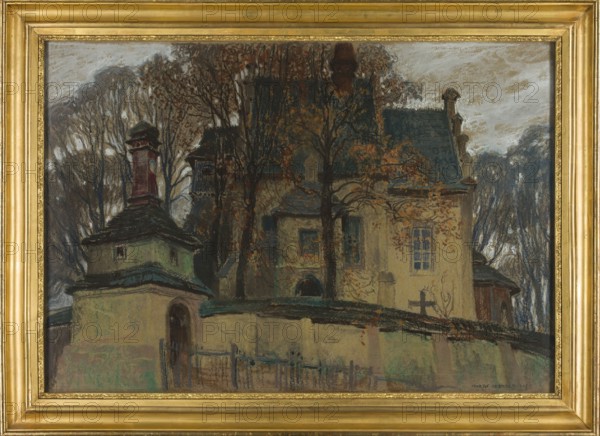 Church in Rudawa near Kraków, Uziemblo, Henryk 1879–1949 painter; churches architect; Rudawa Lesser Poland Voivodeship; Poland; Polish pastels. Pastel in a gilded frame, behind glass. Dated 1907. Height 69.5 cm, width 100 cm. About the depicted object: RUDAWA — All Saints' Church. Built at the turn of the 13th and 14th centuries as one of the first brick buildings in the Kraków region; expanded multiple times thereafter. Notes: sketches of this church appear in a 1907 sketchbook various media: chalk, pen and ink, pencil. Antoni Procajlowicz lived in Rudawa 1902–1910. Pencil sketches of the church by Stanislaw Kamocki date to around 1905., A framed landscape scene of a building complex behind a wall and gate, with a few tall bare trees in front and behind the structures; the sky is cloudy with gray and muted beige tones. The architecture has muted yellow and beige walls, a dark greenish-blue roof, and a small tower with a red chimney; a smaller structure in front shows pale green and be...