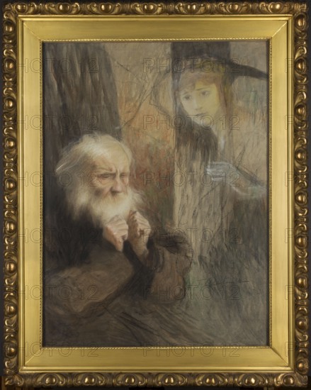 Vision – memory; Teodor Axentowicz 1859–1938, painter; allegory of old age and youth; symbolism; Young Poland; Poland; Polish painting; pastel; after 1900; Kraków, height 93.0 cm, width 69.7 cm., A framed painting shows an elderly man with a white beard and white hair, his hands held near his chest and his expression appearing contemplative; beside him is a pale young woman with long hair and a gentle face, her translucent hand raised as if reaching toward him. The scene uses muted tones with visible colors including shades of gray, brown, beige, and touches of pale yellow and green, with darker areas of black and deep gray creating shadowed vertical shapes. The painting is set within an ornate gold frame with decorative molded details and a smooth inner border, and the overall texture appears soft and layered with visible brush and pastel-like strokes.