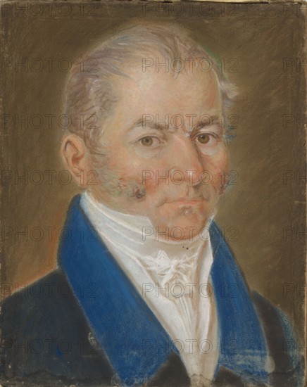 Portrait of Jan Bohowicz, inspector of the property of Vilnius University, painted by Bonawentura Klembowski 1795–1888. Subject: Jan Bohowicz fl. 1820–1830. Date: 1827–1829. Medium: pastel. Dimensions: height 32 cm, width 25 cm. Genre: male portrait of an official. Place: Vilnius. Culture: Poland., A painted portrait of an older man shown from the chest up, wearing a dark coat with a deep blue collar and a white high-necked shirt with a decorative knot at the throat; he has pale skin with pink and peach tones, visible rosy cheeks and subtle greenish and bluish shading in his skin, light hair that is swept back with touches of gray and pale brown, brown eyes, pronounced eyebrows and sideburns, and a neutral to stern facial expression. The background is a muted brown with darker and lighter variations, and the overall palette includes blue, white, brown, peach, pink, gray, green, and black.
