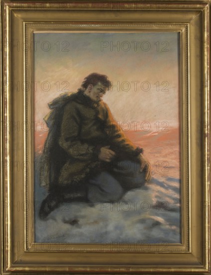 Anhelli before death, Pruszkowski, Witold 1846-1896 painter author, Slowacki, Juliusz 1809-1849 - illustration, death, exiles, winter, Anhelli lit., Slowacki, Juliusz 1809-1849, literary figures, Polish pastels, Poland culture, Russia, Siberia Russia, Goldberg-Górski, Leon Franciszek 1863-1937, 1889, Mników, pastel, height 71 cm, width 49 cm, A framed painting shows a person kneeling on a snowy surface against a softly colored sky, with a palette that includes muted blues, grays, warm peach, and pink tones. The person wears a dark coat with textured, shadowed areas in black and deep brown, and darker pants in bluish-gray. Their hair appears dark brown, and their skin tones are rendered in warm beige and brown shades. Light from the horizon casts warm orange and pink highlights on parts of the figure and snow, while other areas remain in cool blue-gray shadow. The frame around the image is ornate and gold in color with inner and outer borders.