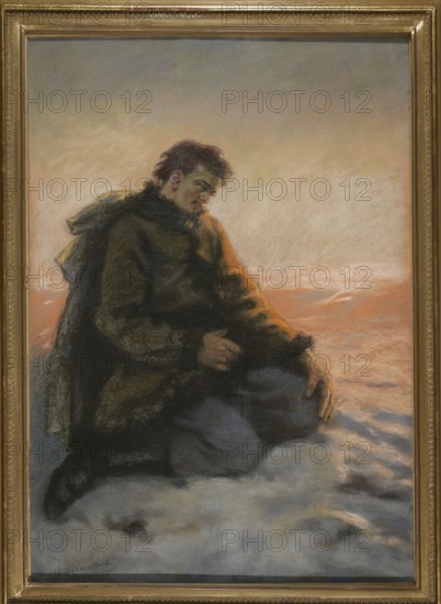 Anhelli before death, Pruszkowski, Witold 1846-1896 painter author, Slowacki, Juliusz 1809-1849 - illustration, death, exiles, winter, Anhelli lit., Slowacki, Juliusz 1809-1849, literary figures, Anhelli, literature, Polish pastels, Poland culture, Russia, Siberia Russia, 1889, Mników, pastel, height 71 cm, width 49 cm, A framed portrait of a person kneeling on a snowy surface, wearing a dark coat with a hood and layered clothing; the figure's head is slightly bowed and turned to one side, with dark hair and a somber facial expression. The background shows a soft gradient sky with warm peach and orange tones blending into pale gray and muted blue. The snow under and around the figure is rendered in cool whites, pale blues, and subtle gray shadows. The coat and clothing display deep browns, dark greens, and black, with highlights of ochre and warm orange where light touches the fabric and the person's hand. The frame surrounding the image is metallic gold with ornamental detailing.