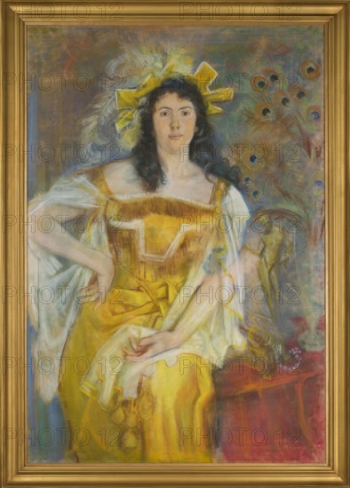 Portrait of Honorata Leszczynska in the role of Catherine in The Taming of the Shrew by William Shakespeare; Wyspianski, Stanislaw 1869–1907 painter/author; actors; women's portraits; Leszczynska, Honorata 1864–1937 - iconography; Shakespeare, William 1564–1616; stage costumes; theatrical items; designs; Young Poland style; Polish culture; Shakespeare — Taming of the Shrew; actresses; 1894; Kraków; pastel; height 129 cm; width 88 cm; peacock feathers., A framed portrait of a seated woman wearing a yellow dress and a matching yellow headpiece with ruffled and feathered white and pale yellow accents, dark curly hair, pale skin, and a neutral facial expression; she has a white translucent shawl draped over her shoulders and arms, and her hands rest on her lap and waist. The background shows peacock-feather motifs in muted greens, blues, and browns, with soft painterly washes of grey, blue, and purple. The lower right area includes a red surface with a small decorative object and pale roun...