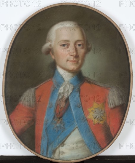 Portrait of Seweryn Rzewuski in the uniform of the head of the Infantry Regiment of the Crown Field Baton, with the orders of the White Eagle and St. Stanislaus, unknown artist, male portrait, 18th century, pastel, ca. 1776; Seweryn Rzewuski 1743–1811, army of the First Polish Republic, aristocracy, generals, Order of the White Eagle, Order of St. Stanislaus, iconography., An oval portrait of a man shown from the chest up wearing a red coat with grey shoulder epaulettes and a blue sash over a light-colored waistcoat, the man has pale skin and powdered white hair styled with side curls, a neutral facial expression with light-colored eyes and subtle rosy cheeks, a ruffled white cravat at his neck, a decorative star-shaped badge in yellow and grey on his coat and a pendant medal at his chest, the background is a dark muted greenish-brown, and the frame edge visible around the oval is a light tan color.