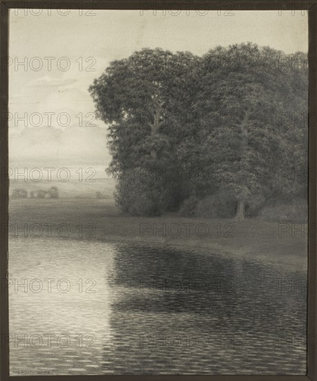 Landscape with trees by the water, Noskowski, Tadeusz 1876–1932, painter; 1913; drawing; height 75 cm, width 61.6 cm; lakes., A framed grayscale drawing of a landscape showing a large group of densely leafed trees on the right, a calm body of water in the foreground reflecting the trees, a flat grassy shore between the water and trees, a distant misty horizon with faint treeline and clouds, and visible textures of pencil or charcoal strokes throughout; the visible colors are shades of gray, black, and off-white.