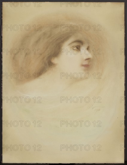 Profile of a woman — Portrait of Józefa Borowska, singer and actress, by Miroslaw Gajewski-Ostoja 1867–1931. Polish, 1910. Pastel drawing, 65 × 49 cm., A soft, pastel portrait of a young person shown in profile facing right, with an oval face, gentle features, and slightly parted lips; the hair is dark brown and appears softly blended into the background, creating a halo-like effect of warm beige and tan tones around the head. The skin is pale cream with subtle blushes of pink on the cheeks and lips, and the eye is shaded with darker brown and black accents. Surrounding the figure are sweeping, airy strokes in muted beige, tan, and faint warm brown, with hints of very light blue and green near the lower area, all on a warm off-white or ivory paper background. The overall palette is composed of warm browns, cream, beige, pink, and touches of pale blue and green.