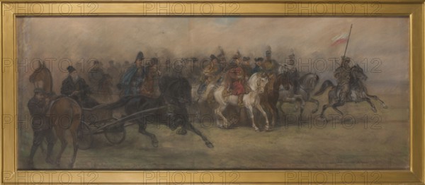 Study for the painting Our Battle Painters, Czeslaw Tanski 1862–1942. Pastel, before 1927, 76 × 180 cm. Pastel depicts Polish battle painters, including Aleksander Orlowski, January Suchodolski, Piotr Michalowski, Juliusz Kossak, Józef Brandt, Maksymilian Gierymski, Józef Chelmonski, Alfred Wierusz Kowalski, Wojciech Kossak, and Czeslaw Tanski himself — a painter and designer of flying vehicles and a pioneer of Polish aviation. The artist depicts painters of battle scenes from various generations, dressed in costumes characteristic of the heroes of their paintings: Orlowski in the costume of an Eastern horseman; Gierymski in a Rococo hunting-style costume; Brandt in attire evoking a Cossack of the Ukrainian steppes; Suchodolski and Michalowski in Napoleonic-era uniforms. Tanski portrays himself on the left side of the composition, as if observing the cavalcade, separated from the riders by the silhouette of a horse. Subjects: painters, group portrait, equestrian figures, horses, banner...
