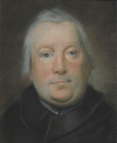 Portrait of priest Piotr Sliwicki, by Louis François Marteau ca. 1715–1804, pastelist; subject: clergy — Piotr Hiacynt Sliwicki 1705–1774 also Piotr Jacek; male portrait; medium: pastel; Polish, before 1774; missionaries order., A close-up portrait of an older person with pale skin and light gray hair, shown from the shoulders up against a dark gray-brown background; the face has bluish-gray eyes, slightly pink cheeks, and a neutral expression, and the subject wears a dark, almost black garment with subtle blue-gray highlights.